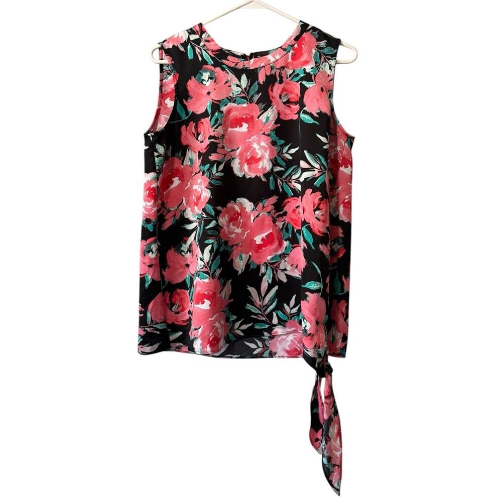 Calvin Klein Women Size Medium Sleeveless Floral Blouse Lightweight Keyhole Tie